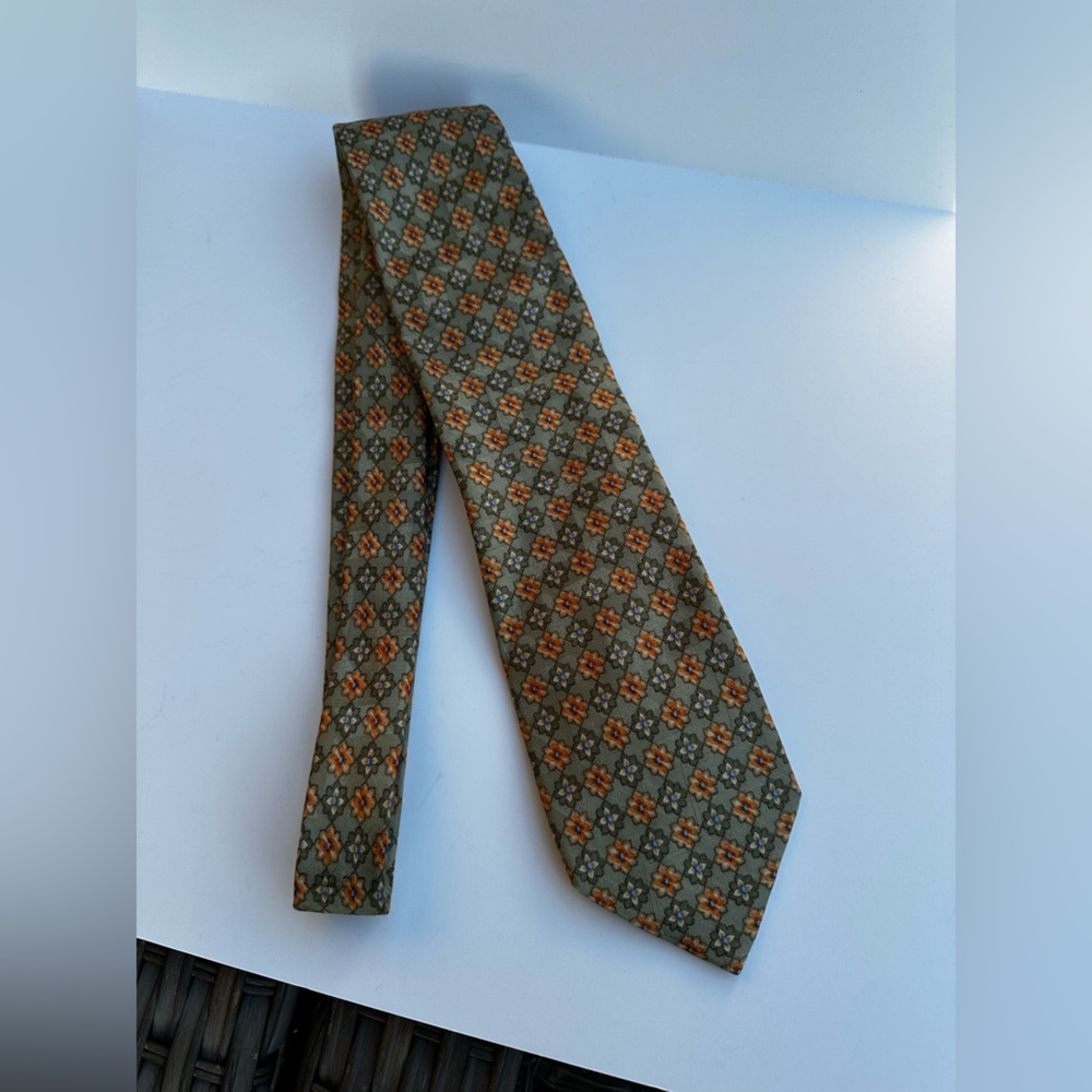 Ermenegildo Zegna 100% Silk Green, Gold, Coral Floral Geometric Patterned Tie